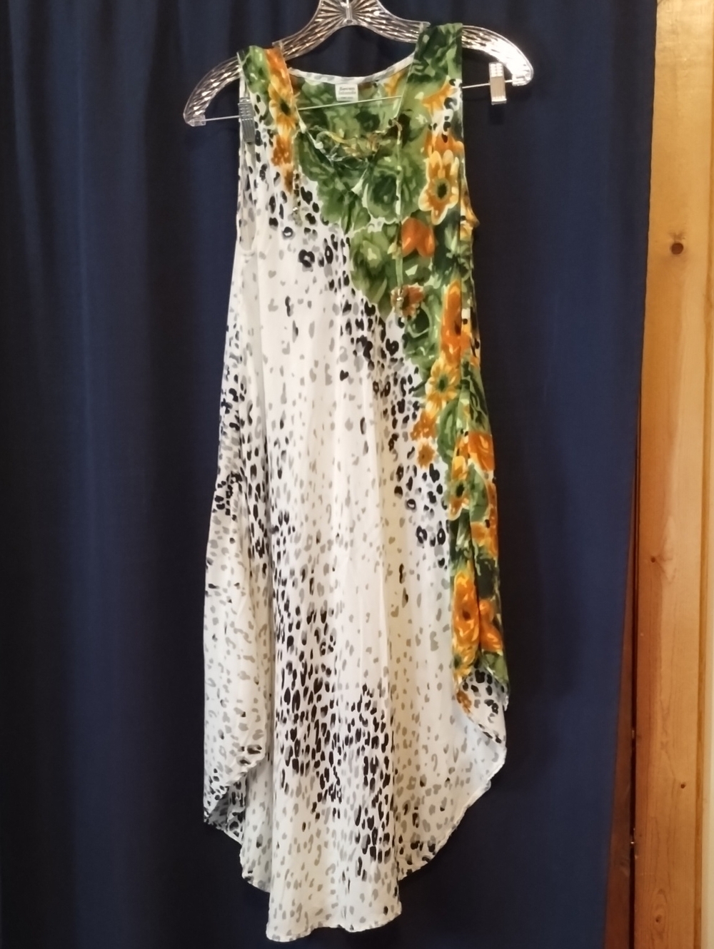 Sleeveless Floral & Animal Print Asymmetric Dress - White/Green/Orange